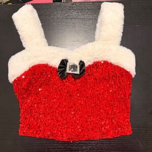 Holly & Cupid Red‎ Sequin Santa Crop Top White Faux Fur Rhinestone Bow